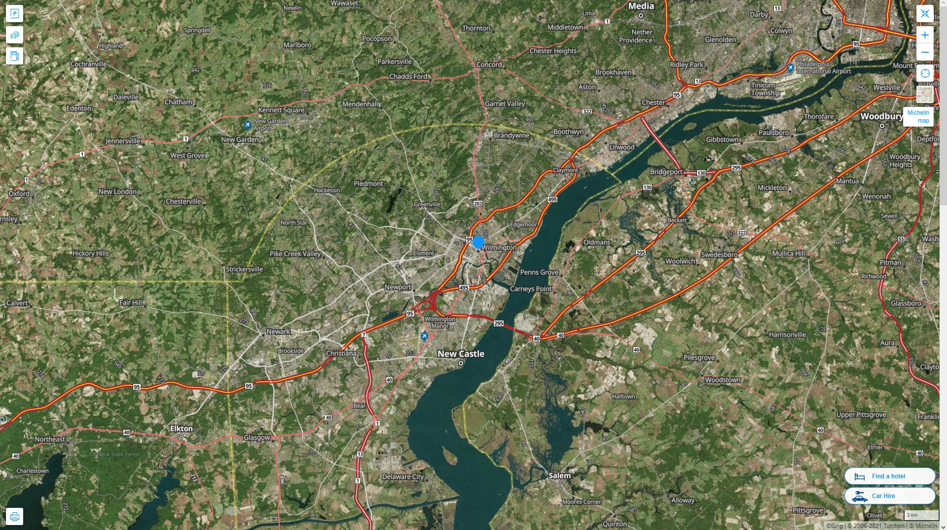 Wilmington Delaware Highway and Road Map with Satellite View
